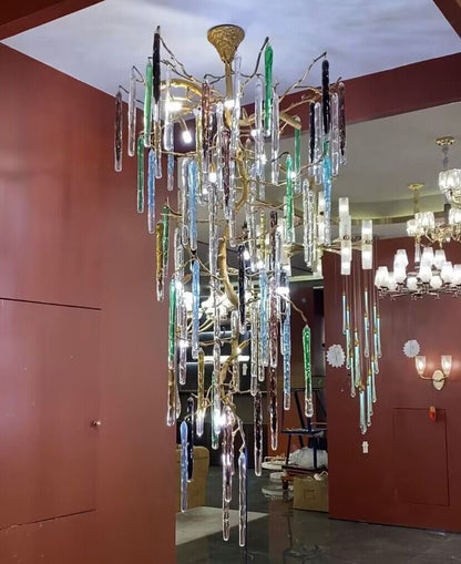 Modern Light Luxury Brass Branches Colored Glass Column Chandelier for Staircase/Living Room/High-ceiling Space - Zelno Lighting