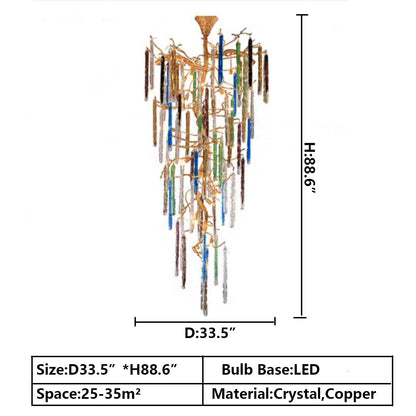 Modern Light Luxury Brass Branches Colored Glass Column Chandelier for Staircase/Living Room/High-ceiling Space - Zelno Lighting