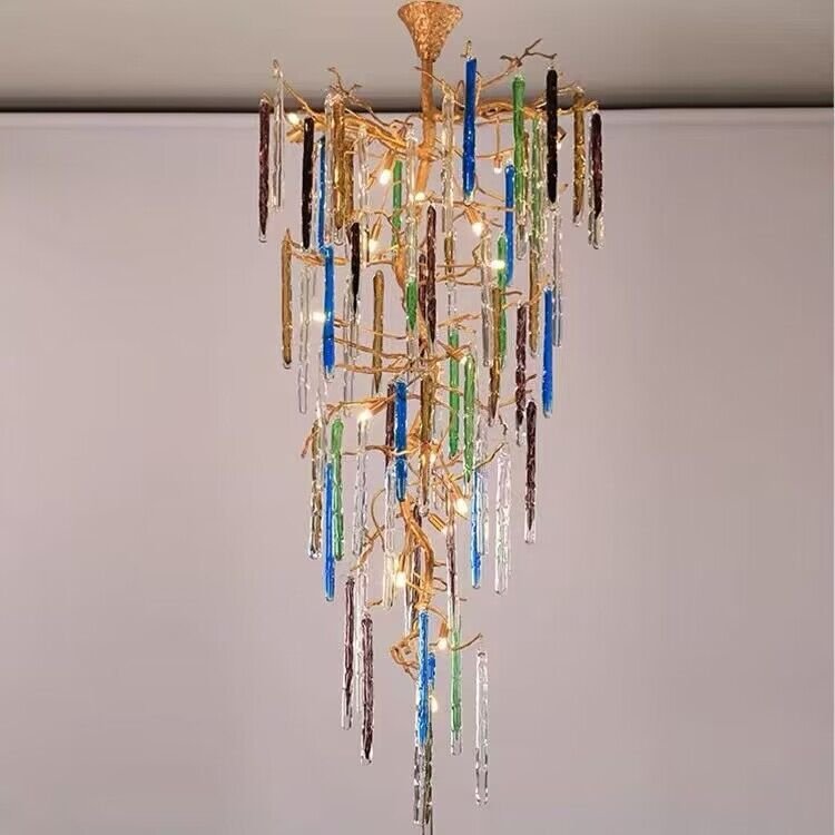 Modern Light Luxury Brass Branches Colored Glass Column Chandelier for Staircase/Living Room/High-ceiling Space - Zelno Lighting