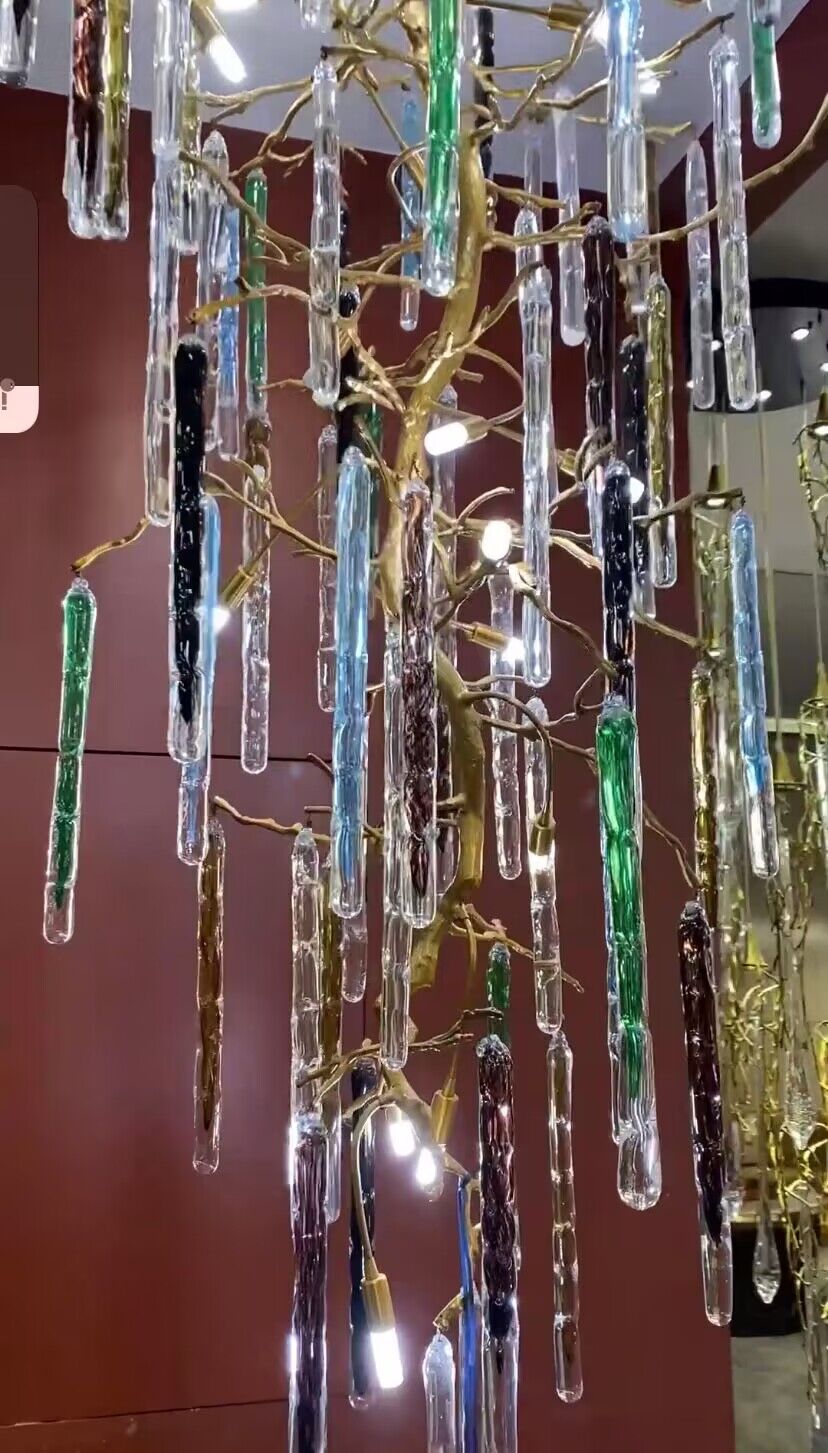 Modern Light Luxury Brass Branches Colored Glass Column Chandelier for Staircase/Living Room/High-ceiling Space - Zelno Lighting
