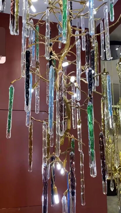 Modern Light Luxury Brass Branches Colored Glass Column Chandelier for Staircase/Living Room/High-ceiling Space - Zelno Lighting