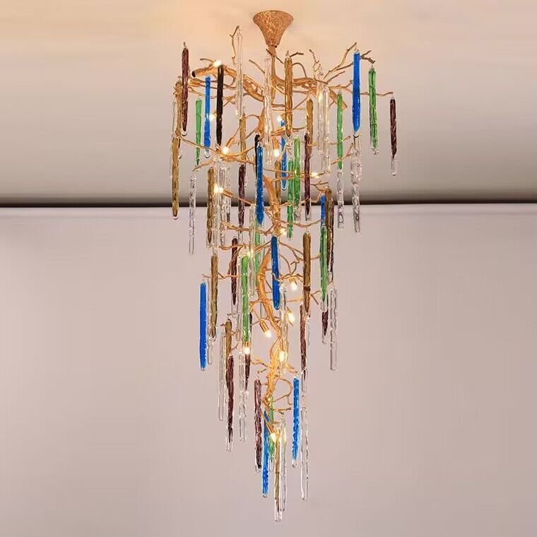 Modern Light Luxury Brass Branches Colored Glass Column Chandelier for Staircase/Living Room/High-ceiling Space - Zelno Lighting