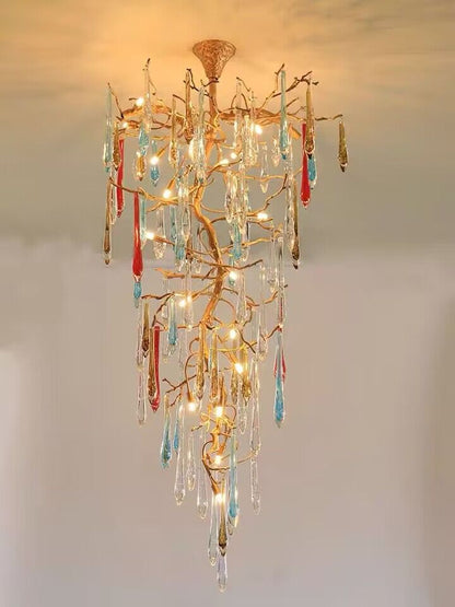 Modern Light Luxury Brass Branches Colored Glass Column Chandelier for Staircase/Living Room/High-ceiling Space - Zelno Lighting