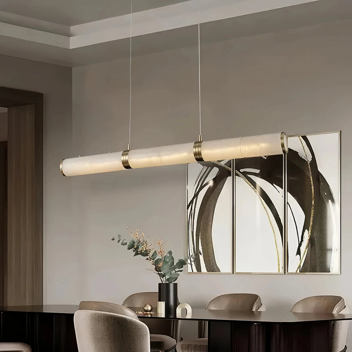 Modern Linear Alabaster Chandelier, Chandelier Over Dining Table - Zelno Lighting