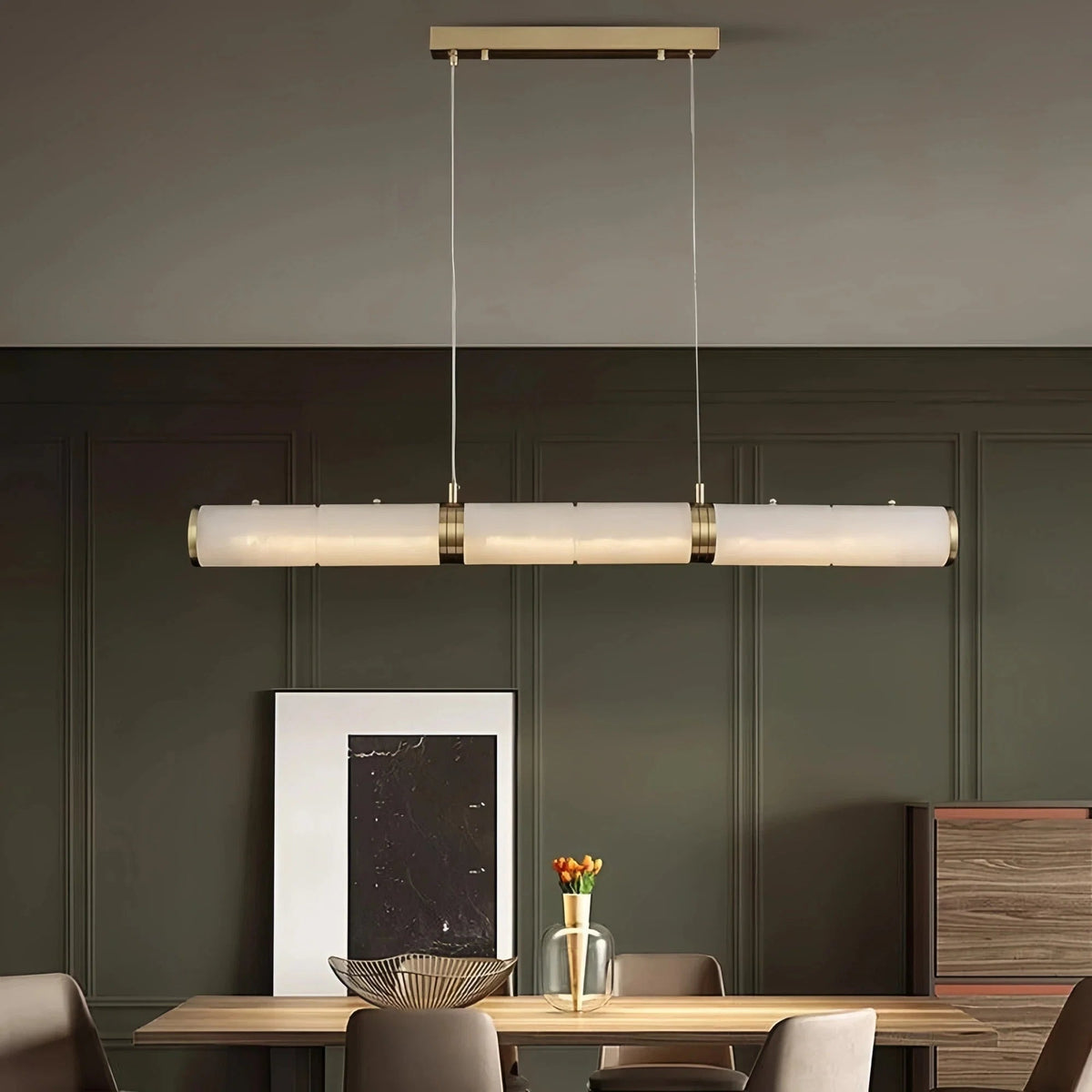 Modern Linear Alabaster Chandelier, Chandelier Over Dining Table - Zelno Lighting