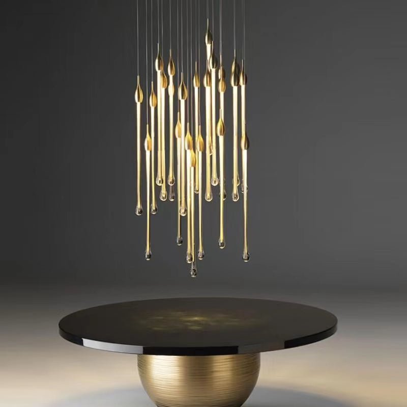 Modern Long Gold Glass Raindrop Rod Pendant Light for Staircase/High-ceiling room - Zelno Lighting