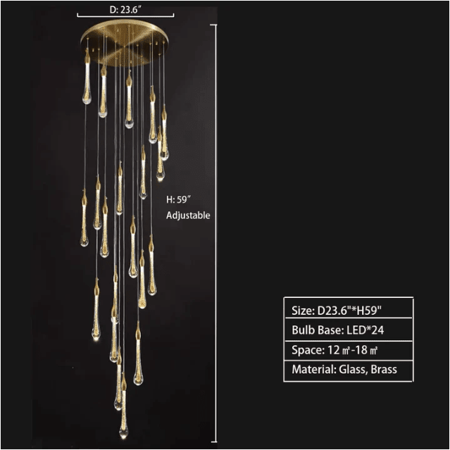 Modern Long Gold Glass Raindrop Rod Pendant Light for Staircase/High-ceiling room - Zelno Lighting