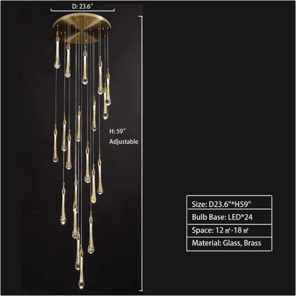 Modern Long Gold Glass Raindrop Rod Pendant Light for Staircase/High-ceiling room - Zelno Lighting