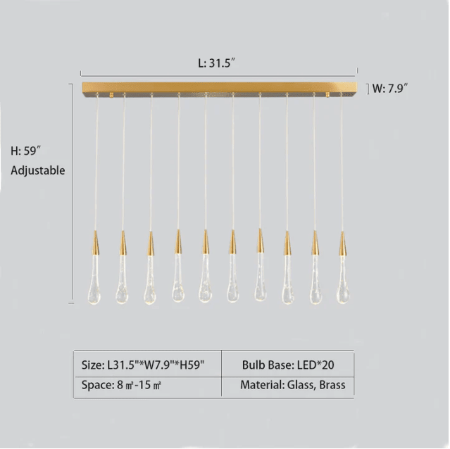 Modern Long Gold Glass Raindrop Rod Pendant Light for Staircase/High-ceiling room - Zelno Lighting