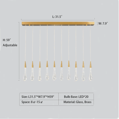 Modern Long Gold Glass Raindrop Rod Pendant Light for Staircase/High-ceiling room - Zelno Lighting