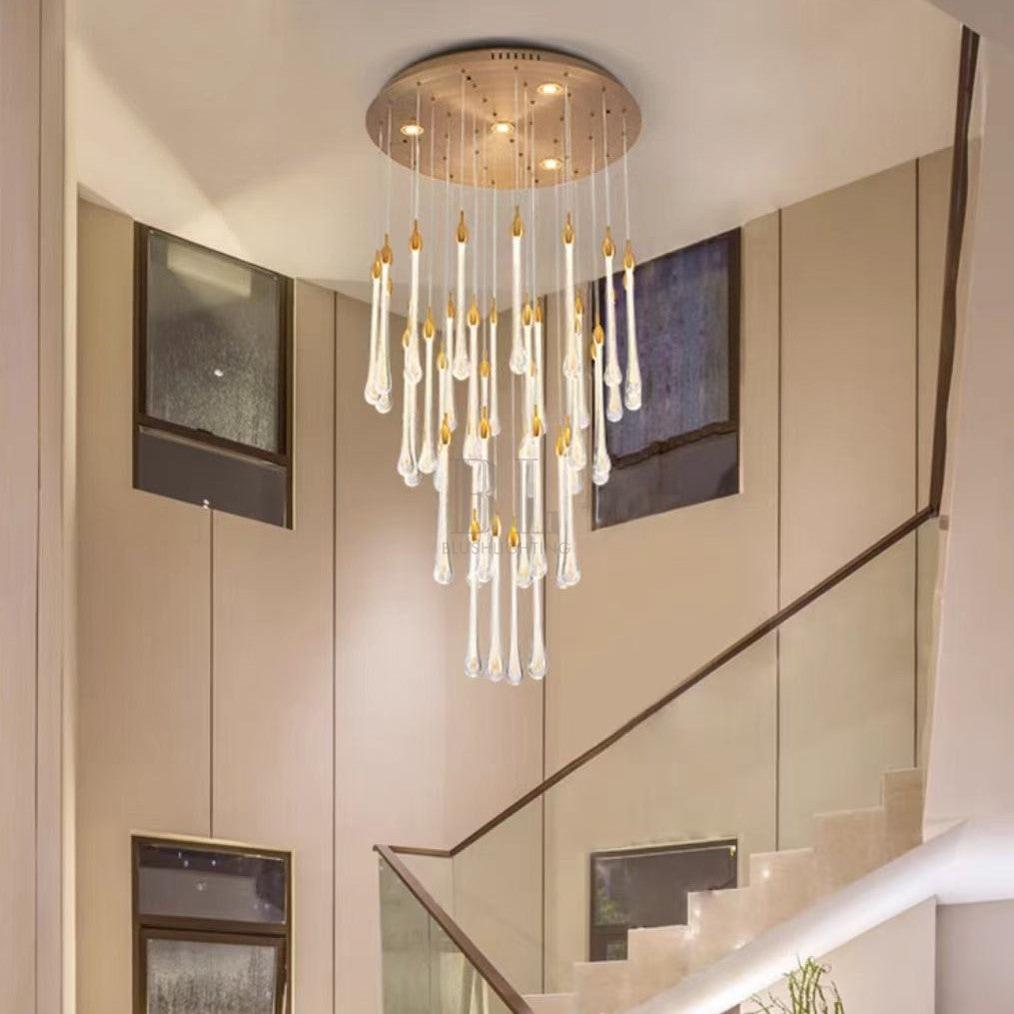 Modern Long Gold Glass Raindrop Rod Pendant Light for Staircase/High-ceiling room - Zelno Lighting