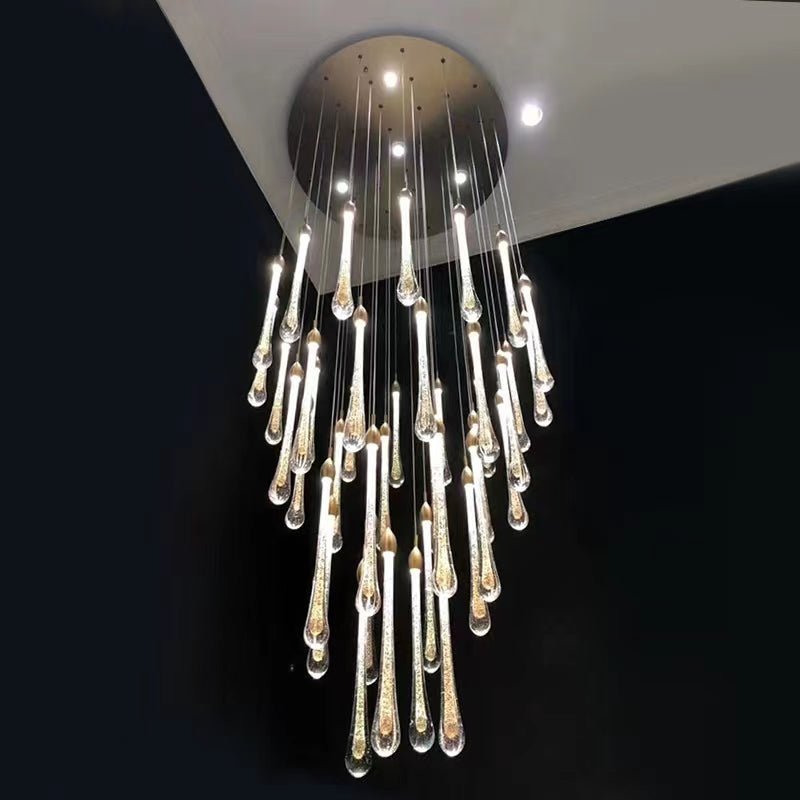 Modern Long Gold Glass Raindrop Rod Pendant Light for Staircase/High-ceiling room - Zelno Lighting