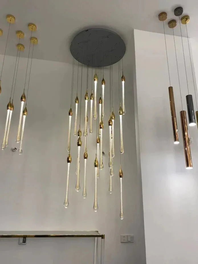 Modern Long Gold Glass Raindrop Rod Pendant Light for Staircase/High-ceiling room - Zelno Lighting