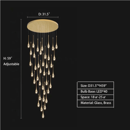 Modern Long Gold Glass Raindrop Rod Pendant Light for Staircase/High-ceiling room - Zelno Lighting
