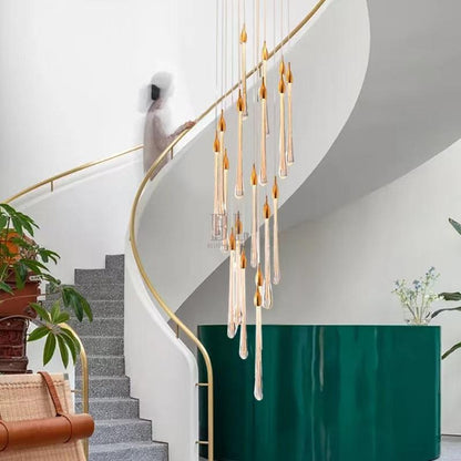 Modern Long Gold Glass Raindrop Rod Pendant Light for Staircase/High-ceiling room - Zelno Lighting