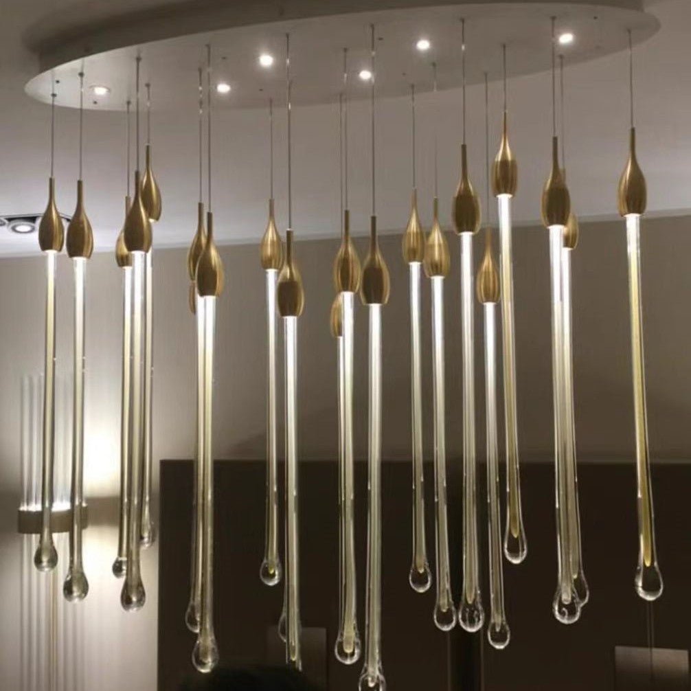 Modern Long Gold Glass Raindrop Rod Pendant Light for Staircase/High-ceiling room - Zelno Lighting