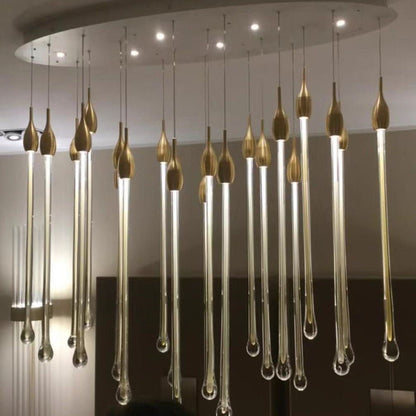 Modern Long Gold Glass Raindrop Rod Pendant Light for Staircase/High-ceiling room - Zelno Lighting