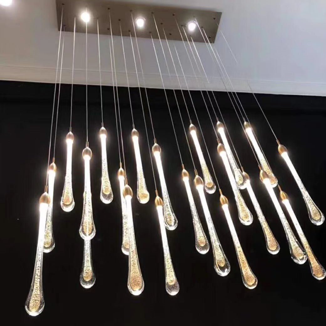 Modern Long Gold Glass Raindrop Rod Pendant Light for Staircase/High-ceiling room - Zelno Lighting