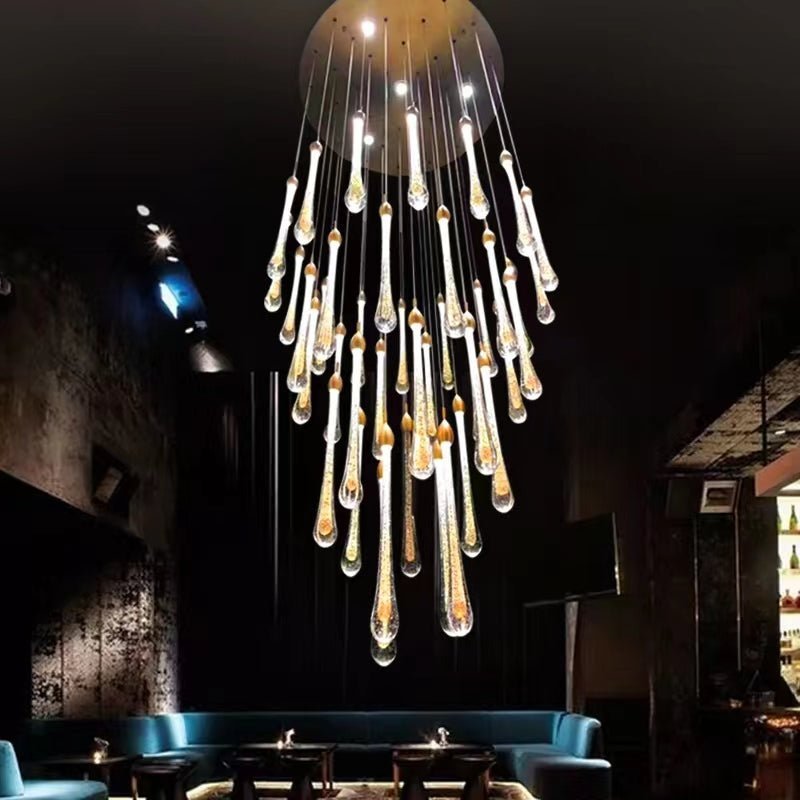 Modern Long Gold Glass Raindrop Rod Pendant Light for Staircase/High-ceiling room - Zelno Lighting