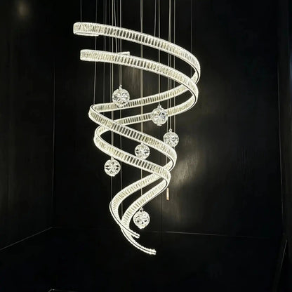 Modern Luxury Spiral Ribbon Multi-Ball Crystal Chandelier for Foyer/Staircase - Zelno Lighting