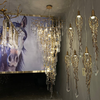 Modern Oversized Luxury Copper Crystal Long Crystal Branch Air Bubble Drop Staircase Light fixture - Zelno Lighting