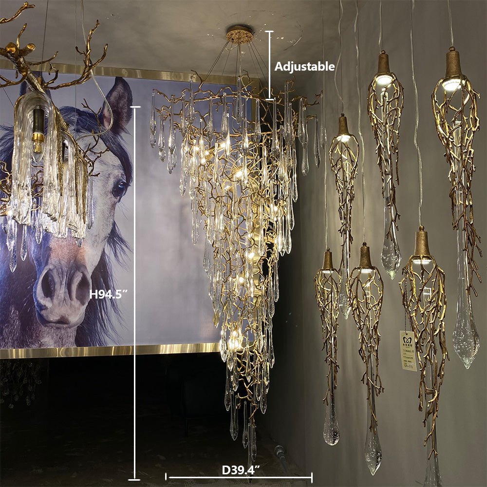 Modern Oversized Luxury Copper Crystal Long Crystal Branch Air Bubble Drop Staircase Light fixture - Zelno Lighting