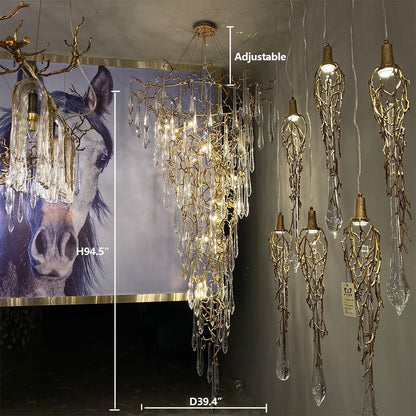 Modern Oversized Luxury Copper Crystal Long Crystal Branch Air Bubble Drop Staircase Light fixture - Zelno Lighting