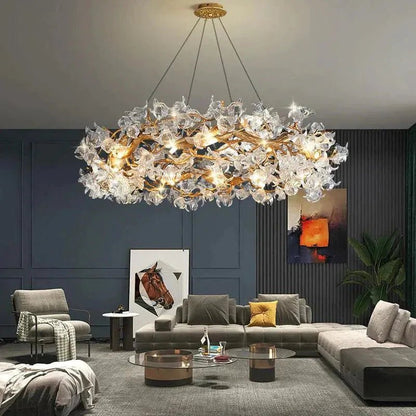 Modern Petal Crystal Round Brass Branch Chandelier For Living Room - Zelno Lighting