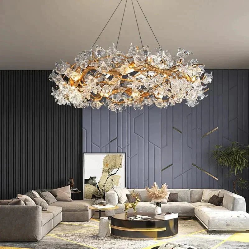 Modern Petal Crystal Round Brass Branch Chandelier For Living Room - Zelno Lighting