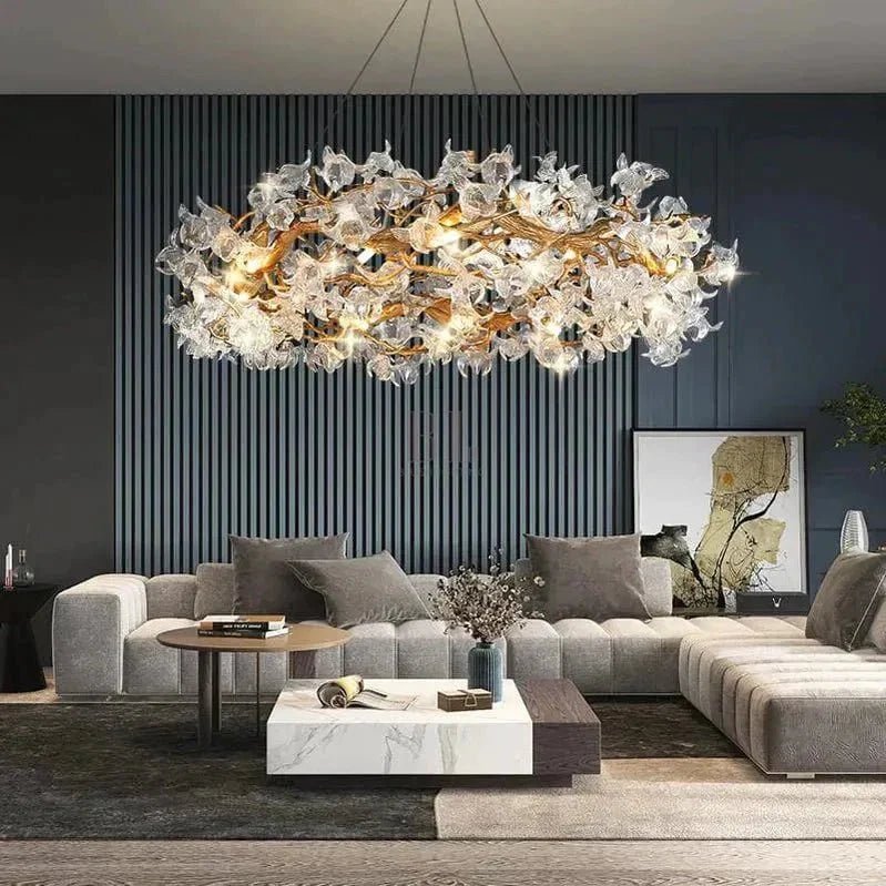Modern Petal Crystal Round Brass Branch Chandelier For Living Room - Zelno Lighting