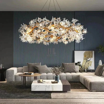 Modern Petal Crystal Round Brass Branch Chandelier For Living Room - Zelno Lighting