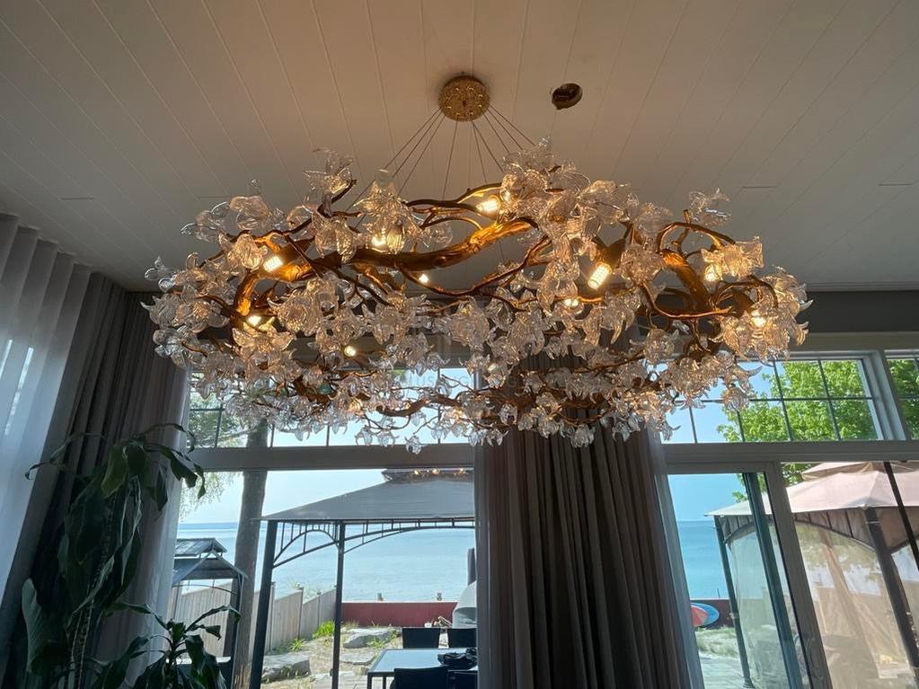 Modern Petal Crystal Round Brass Branch Chandelier For Living Room - Zelno Lighting