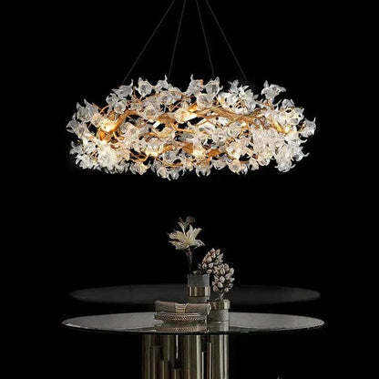 Modern Petal Crystal Round Brass Branch Chandelier For Living Room - Zelno Lighting