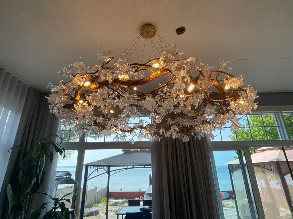 Modern Petal Crystal Round Brass Branch Chandelier For Living Room - Zelno Lighting