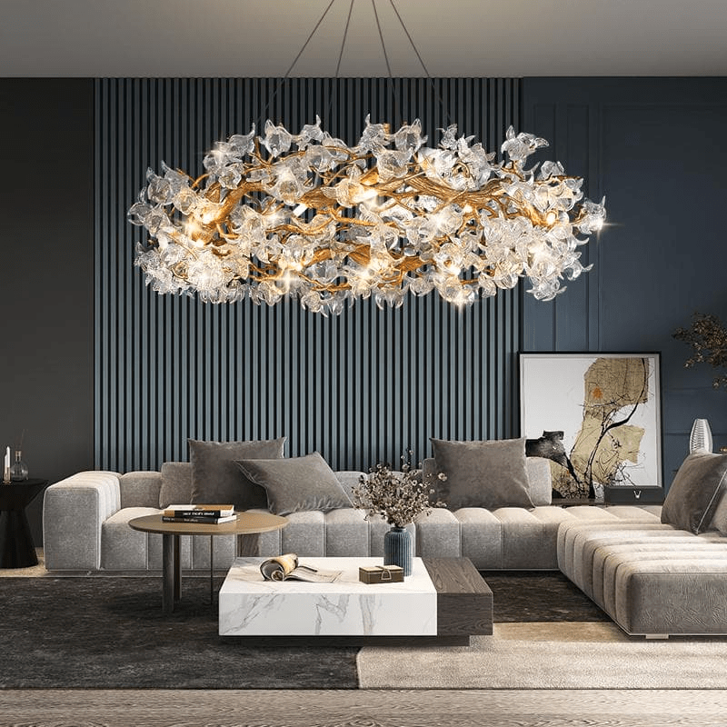 Modern Petal Crystal Round Brass Branch Chandelier - Zelno Lighting