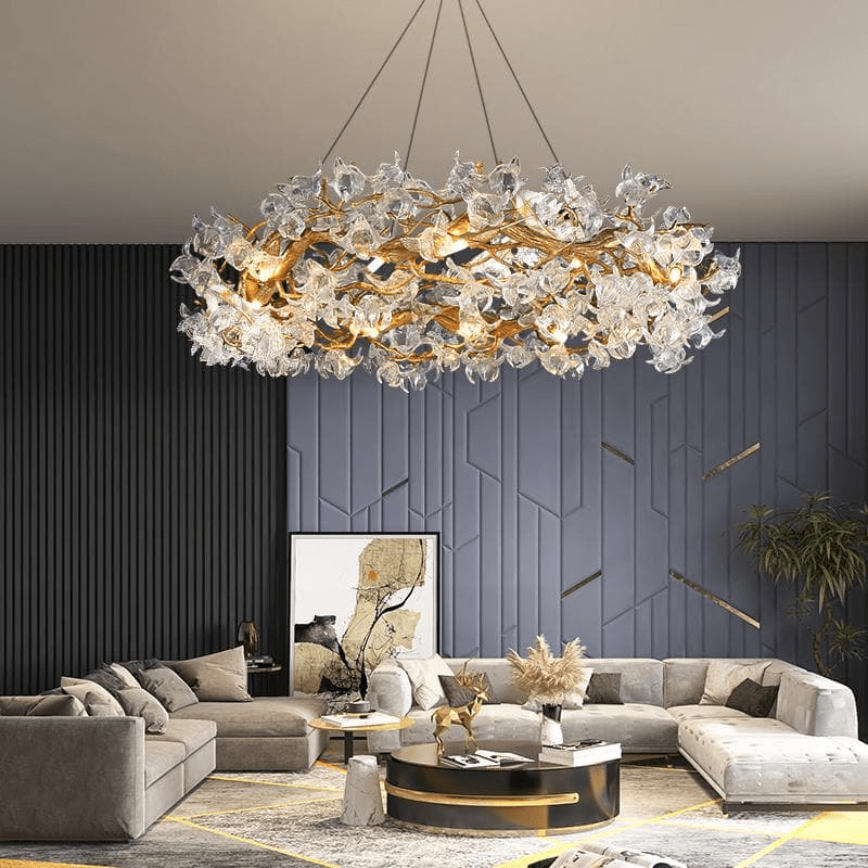 Modern Petal Crystal Round Brass Branch Chandelier - Zelno Lighting