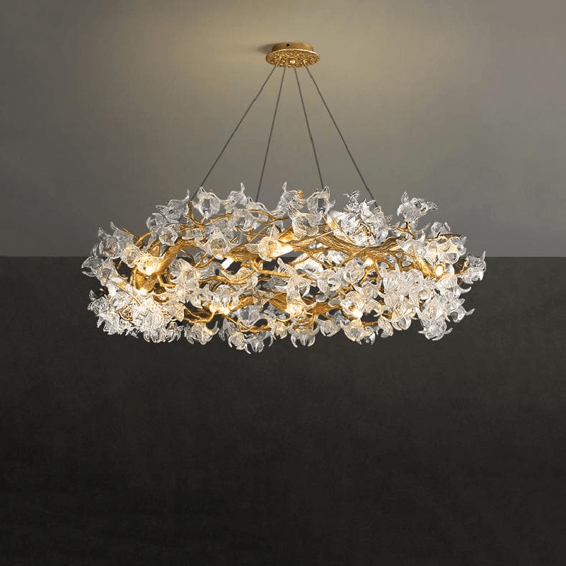 Modern Petal Crystal Round Brass Branch Chandelier - Zelno Lighting