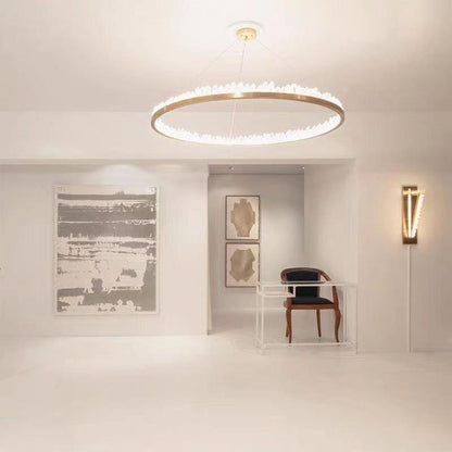 Modern Style Rings Brass & Natural Quartz Crystal Chandelier in Brass/Black Finish - Zelno Lighting