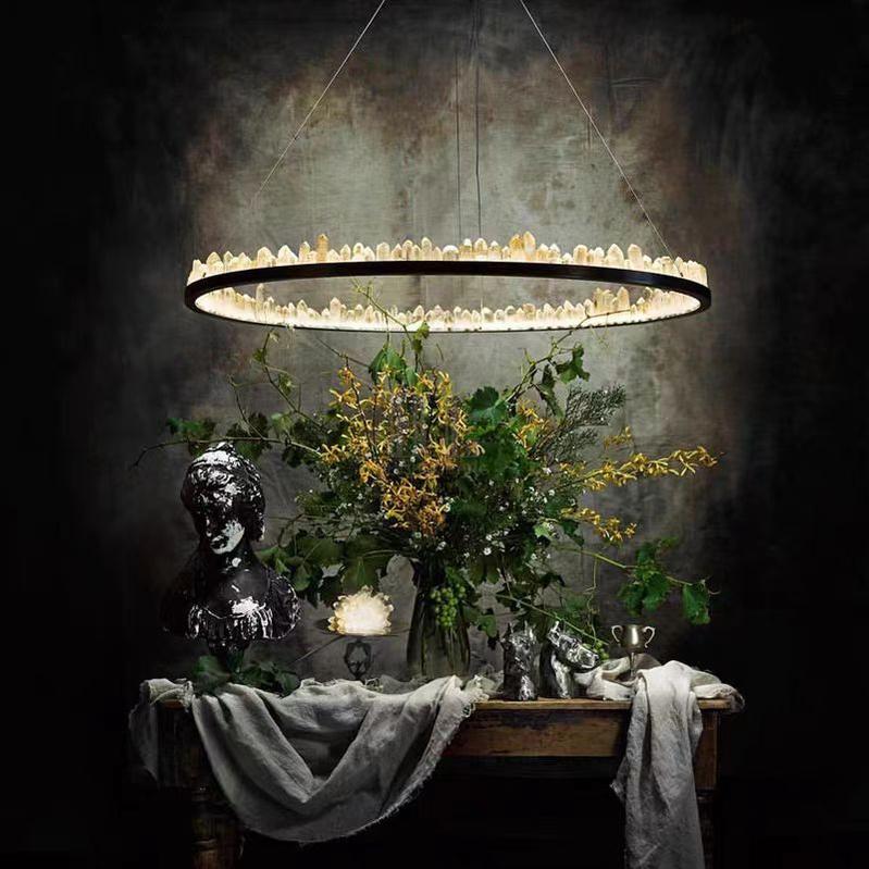 Modern Style Rings Brass & Natural Quartz Crystal Chandelier in Brass/Black Finish - Zelno Lighting