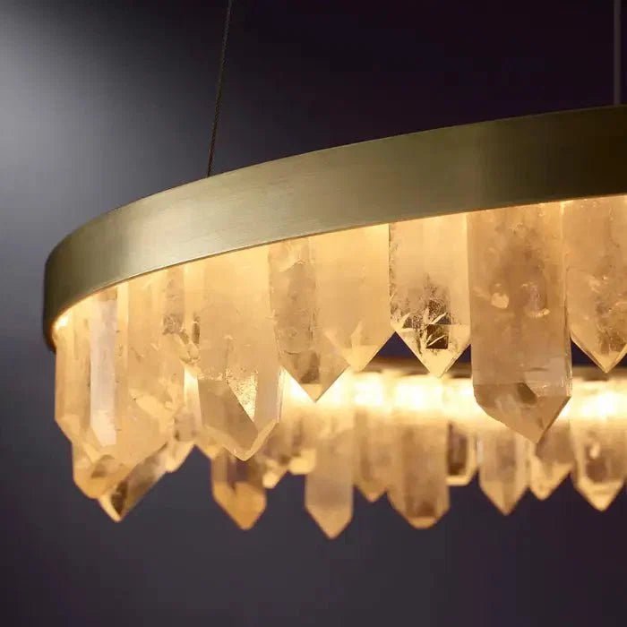 Modern Style Rings Brass & Natural Quartz Crystal Chandelier in Brass/Black Finish - Zelno Lighting