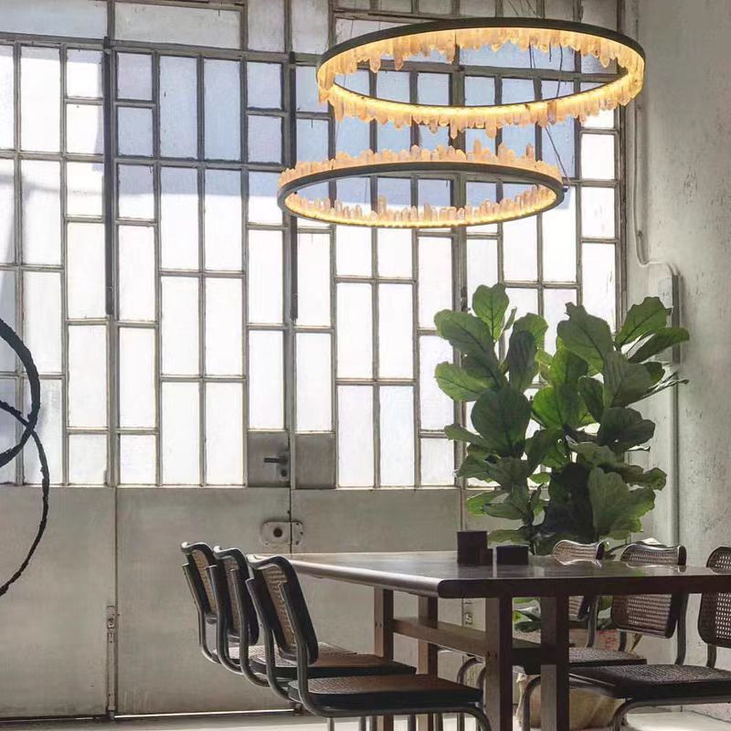 Modern Style Rings Brass & Natural Quartz Crystal Chandelier in Brass/Black Finish - Zelno Lighting
