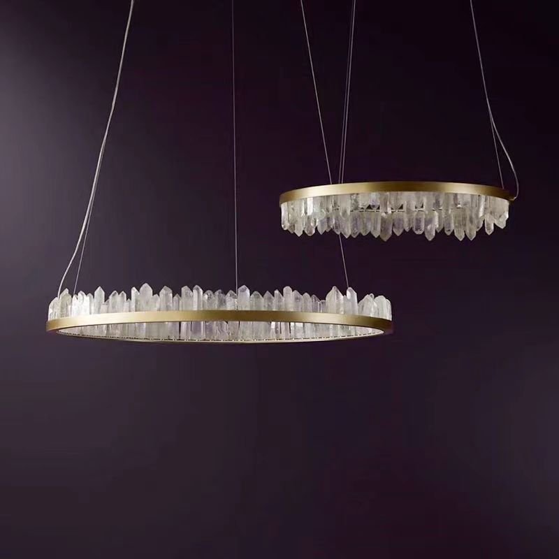 Modern Style Rings Brass & Natural Quartz Crystal Chandelier in Brass/Black Finish - Zelno Lighting