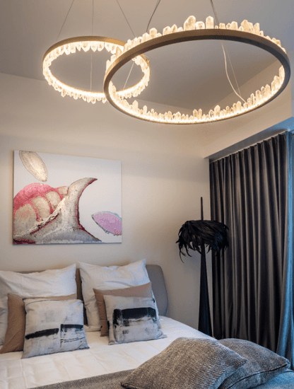 Modern Style Rings Brass & Natural Quartz Crystal Chandelier in Brass/Black Finish - Zelno Lighting