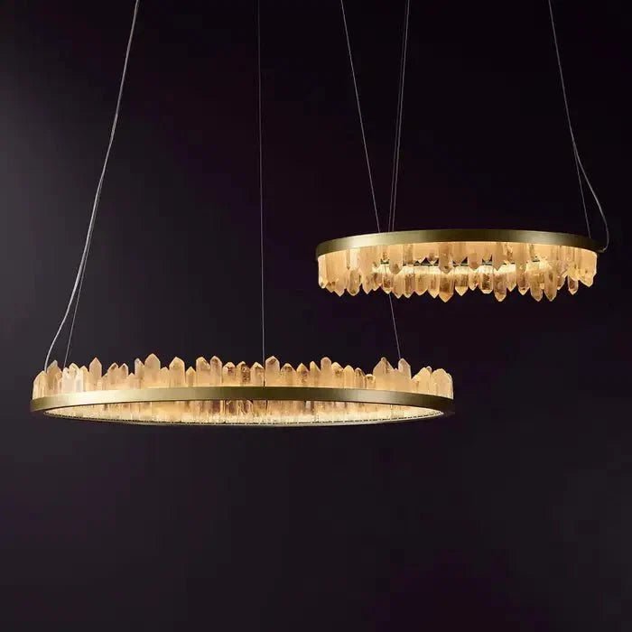 Modern Style Rings Brass & Natural Quartz Crystal Chandelier in Brass/Black Finish - Zelno Lighting
