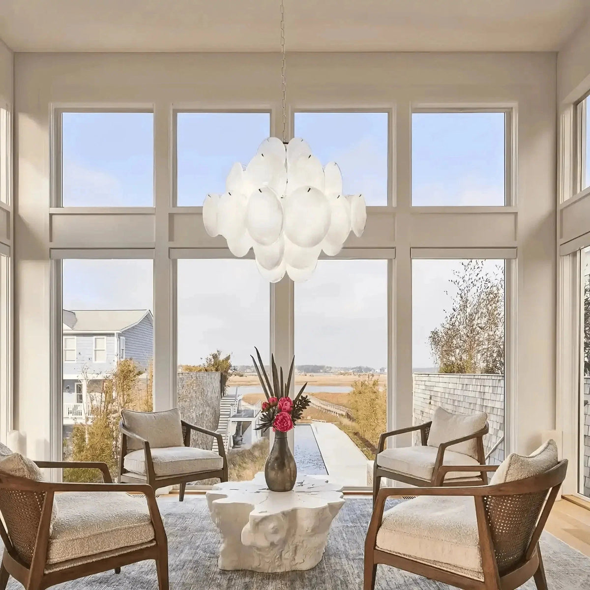 Murano Chandelier 36 White Disks - Zelno Lighting
