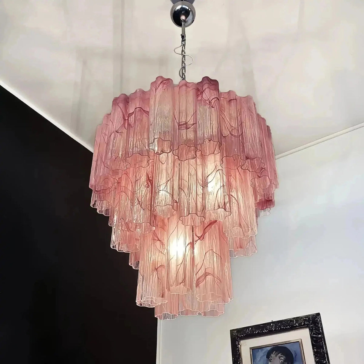 Murano Chandelier – 48 tubes – Alabaster Pink - Zelno Lighting