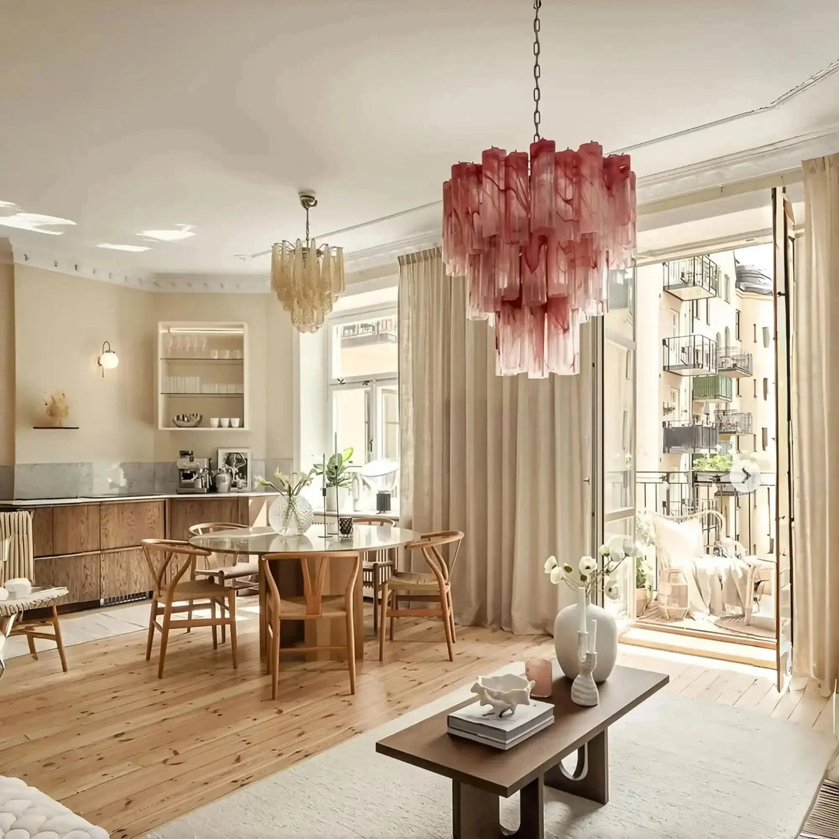 Murano Chandelier – 48 tubes – Alabaster Pink - Zelno Lighting