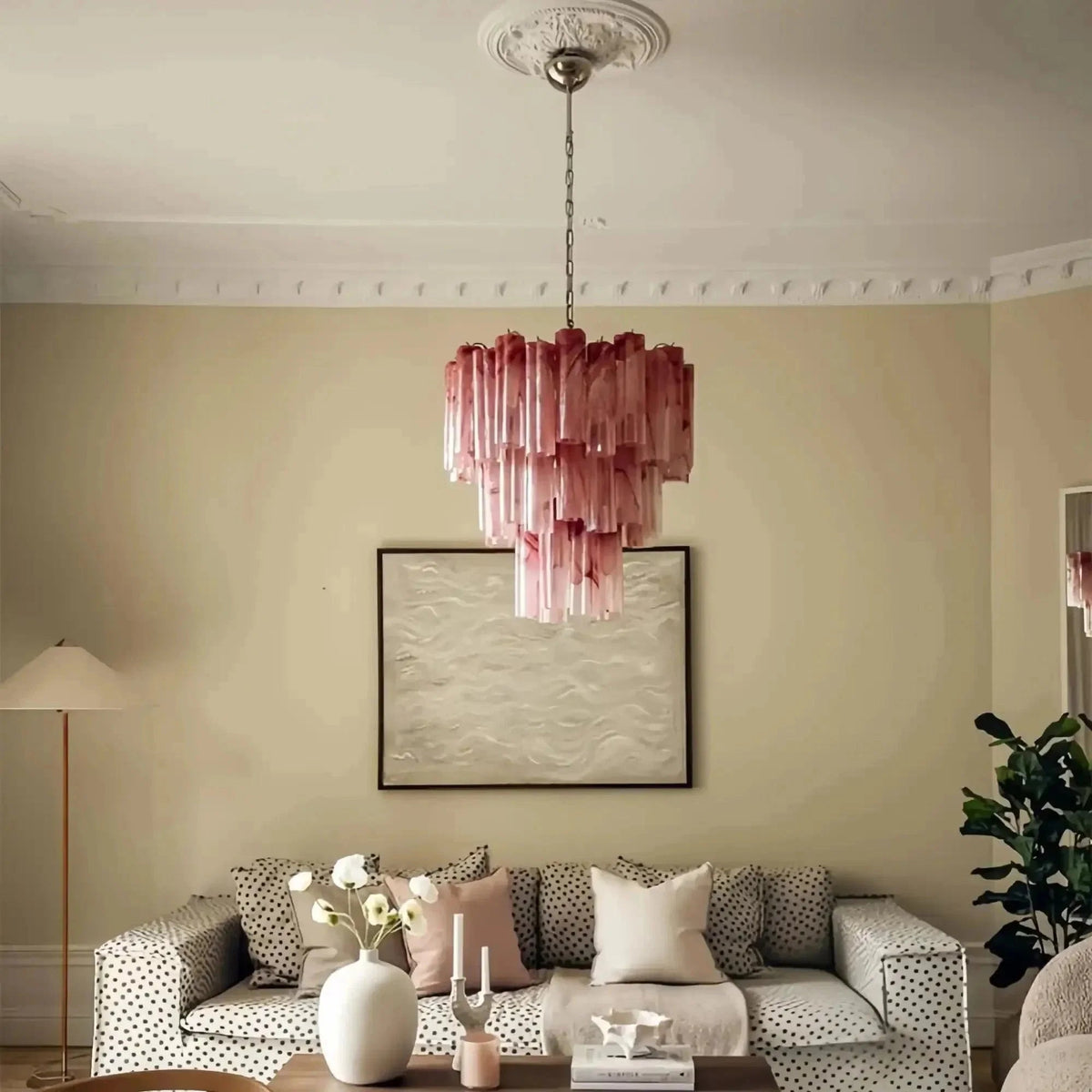 Murano Chandelier – 48 tubes – Alabaster Pink - Zelno Lighting