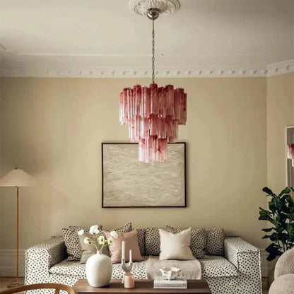 Murano Chandelier – 48 tubes – Alabaster Pink - Zelno Lighting