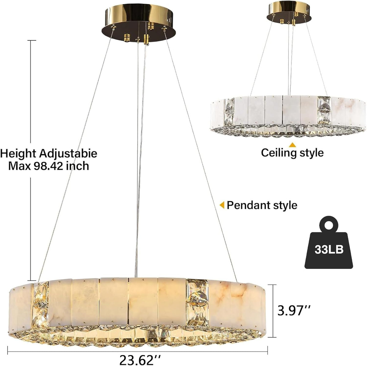 Natural Alabaster Chandeliers, D23 Round Crystal Chandeliers for Dining Room - Zelno